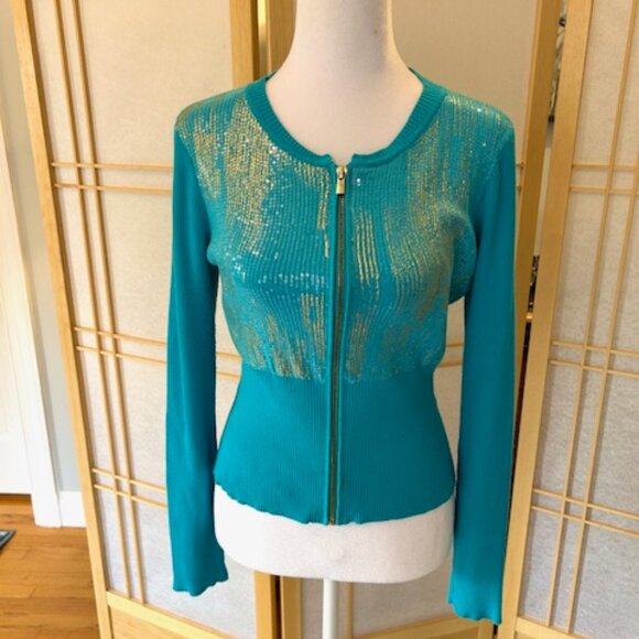 Cache Aqua/ Teal Sequin Zip-Front Sweater – Size M - Picture 1 of 5